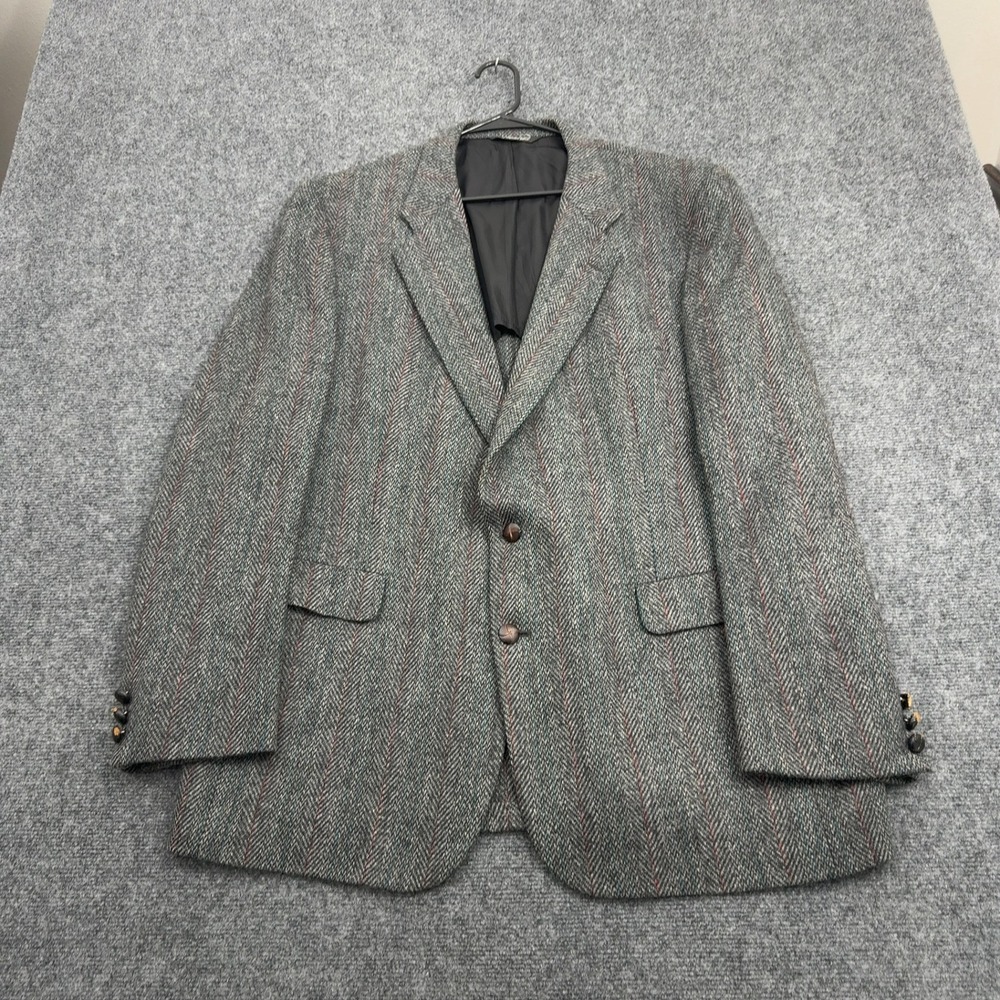 Vintage Kingsridge Blazer Mens 46L Gray Wool Herringbone Pinstripe Academic
